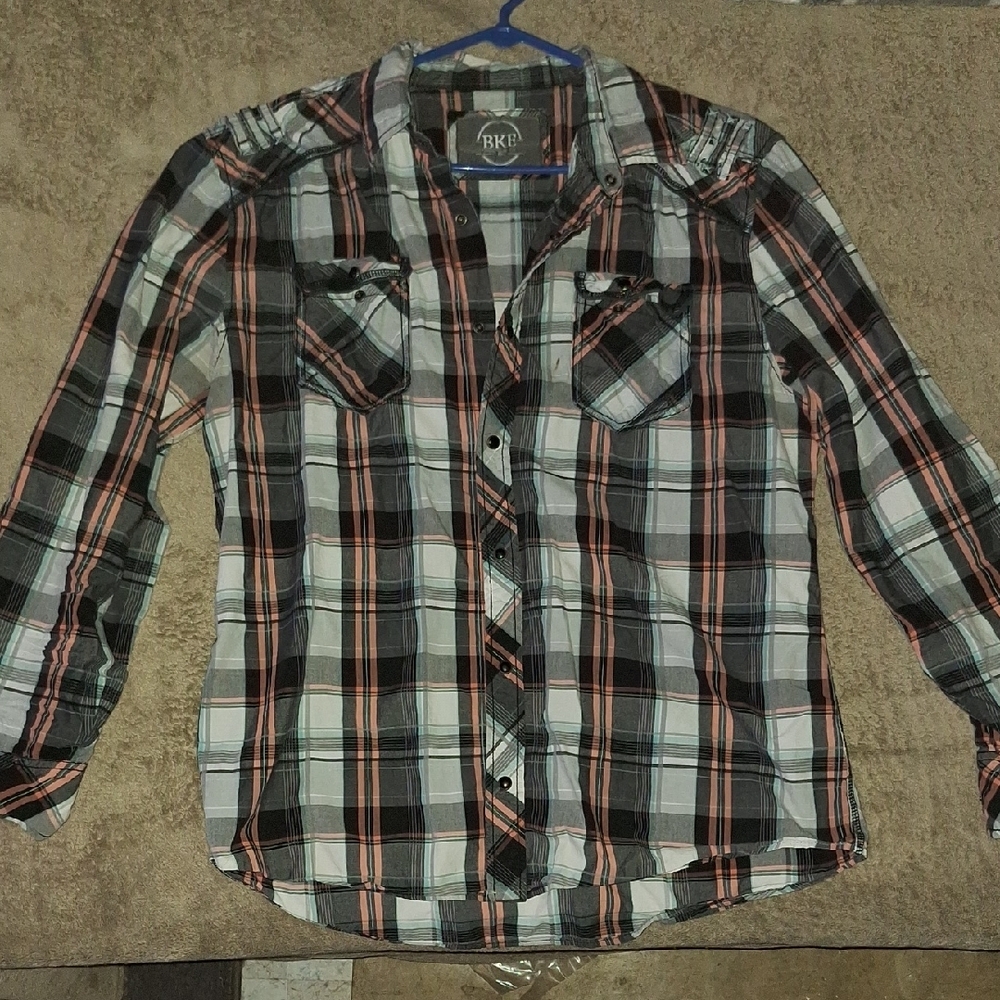 BKE Men's Casual Button Down Shirt - Black, White, Orange Plaid